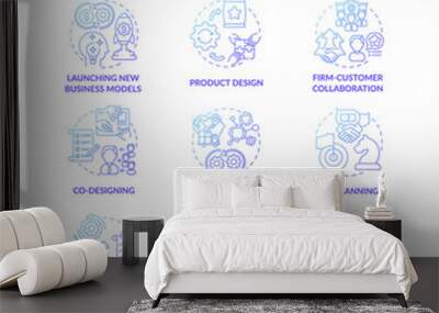 Co-creation concept icons set. Co-design idea thin line RGB color illustrations. Launching new business models. Support and sponsorship. Suppliers. Product design. Vector isolated outline drawings Wall mural