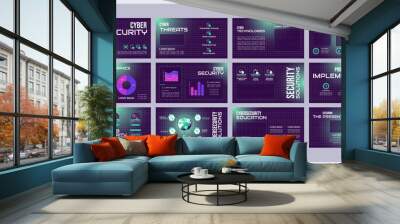 Cyber security presentation templates set. Cybersecurity training. Risk management. Ready made PPT slides on purple background. Graphic design. Roboto Light, Bebas Neue, Audiowide fonts used Wall mural