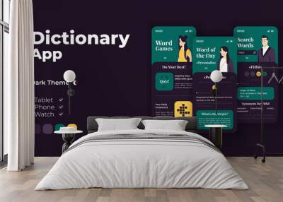 Dictionary app cartoon smartphone interface vector templates set. Mobile app screen page night mode design. Word games, vocabulary search. UI for application. Phone display with flat character Wall mural