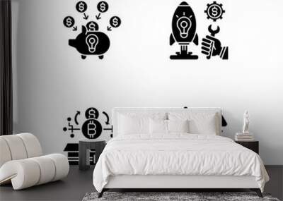 Different money types crowdfunding black glyph icons set on white space. Funding projects with different currency options using digital platforms. Silhouette symbols. Vector isolated illustration Wall mural