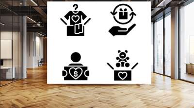 Donating used goods black glyph icons set on white space. Second hand clothes. Charitable group. Send stuffed toys to orphanage. Silhouette symbols. Solid pictogram pack. Vector isolated illustration Wall mural