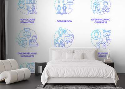 Emotional manipulations blue gradient concept icons set. Silent treatment idea thin line color illustrations. Guilt and sympathy. Isolated symbols. Roboto-Medium, Myriad Pro-Bold fonts used Wall mural