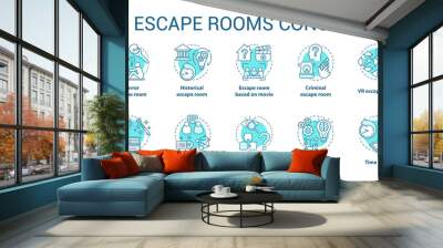 Escape room concept icons set. Quest types idea thin line illustration. Strategy game collection. Puzzles and riddles solving pack. Vector isolated outline drawing. Editable stroke Wall mural