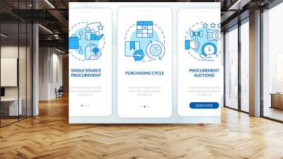 Examples of procurement process blue onboarding mobile app screen. Walkthrough 3 steps editable graphic instructions with linear concepts. UI, UX, GUI template. Myriad Pro-Bold, Regular fonts used Wall mural