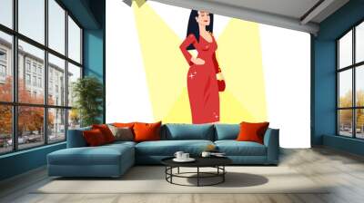 Famous actress under spotlights semi flat RGB color vector illustration. Mass media occupation. Woman in luxury red dress isolated cartoon character on white background Wall mural