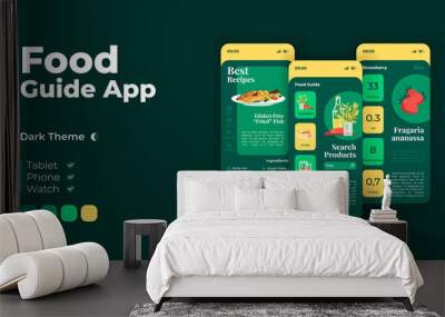 Food guide app cartoon smartphone interface vector templates set. Mobile app screen page night mode design. Best recipes, search for products. UI for application. Phone display with flat objects Wall mural