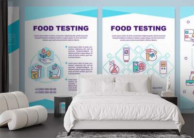 Food testing turquoise brochure template. Food assessment. Leaflet design with linear icons. 4 vector layouts for presentation, annual reports. Arial-Black, Myriad Pro-Regular fonts used Wall mural