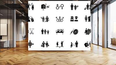 Gender equality glyph icons set. Woman, man right. Sexual slavery. Female economic activity. Transgender people. Employment, politics. Family planning. Silhouette symbols. Vector isolated illustration Wall mural