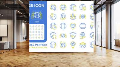 Globe two color line icons set. World map. Save Earth. Planet friendly. Worldwide process. Geopolitics management bicolor outline iconset isolated. Duotone pictograms thin linear. Editable stroke Wall mural