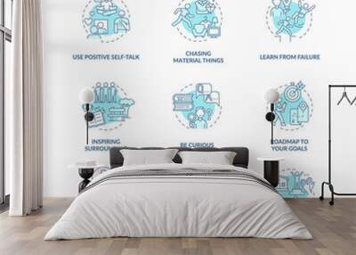 Happiness mindset blue concept icons set. Personal growth idea thin line color illustrations. Becoming happy. Self vision of success. Goal setting. Vector isolated outline drawings. Editable stroke Wall mural