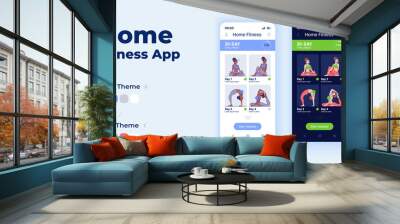 Home fitness app cartoon smartphone interface vector templates set. Mobile app screen page day and dark mode design. Online sport exercises UI for application. Phone display with flat character Wall mural