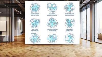 HR and business management turquoise concept icons set. Human resource duties idea thin line color illustrations. Isolated outline drawings. Editable stroke. Roboto-Medium, Myriad Pro-Bold fonts used Wall mural