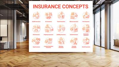 Insurance concept icons set. Protection from financial loss. Life policy plan. Risk management idea thin line RGB color illustrations. Vector isolated outline drawings. Editable stroke Wall mural