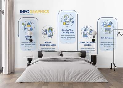 Job change checklist vector infographic template. How leave your job presentation design elements. Data visualization with 5 steps. Process timeline chart. Workflow layout with linear icons Wall mural