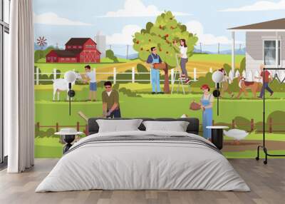 Local farm production semi flat vector illustration. Ranch activities. People feed geese. Kids play with dog. Man cut wood. Summertime vacation. Farmers 2D cartoon characters for commercial use Wall mural