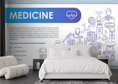 Medical help web banner, business card vector template. Pharmaceutical company contact page with phone, email linear icons. Presentation, web page idea. Hospital corporate print design layout Wall mural