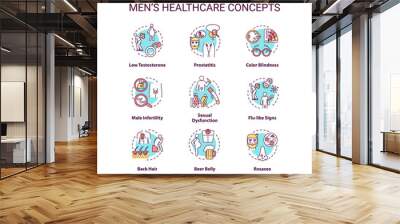 Mens healthcare concept icons set. Common diseases and health risks for men idea thin line RGB color illustrations. Male diagnoses, medical problems. Vector isolated outline drawings. Editable stroke Wall mural