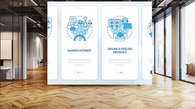 Micro community features blue onboarding mobile app screen. Walkthrough 4 steps editable graphic instructions with linear concepts. UI, UX, GUI template. Myriad Pro-Bold, Regular fonts used Wall mural