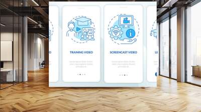 Microlearning video examples blue onboarding mobile app screen. Walkthrough 4 steps editable graphic instructions with linear concepts. UI, UX, GUI template. Myriad Pro-Bold, Regular fonts used Wall mural