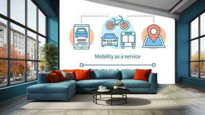 Mobility as a service concept icon. MaaS. Trip planner. Combining transportation services using mobile application idea thin line illustration. Vector isolated outline drawing. Editable stroke Wall mural