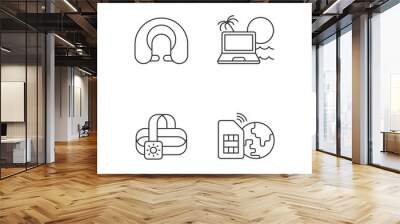 Nomadic lifestyle linear icons set. Trip gear. Neck pillow. Laptop for digital nomad. Summer vacation. Customizable thin line contour symbols. Isolated vector outline illustrations. Editable stroke Wall mural