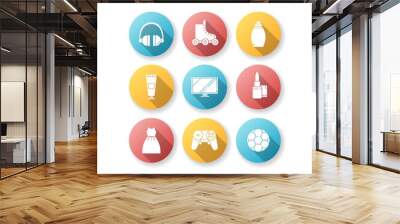 Online shop categories flat design long shadow glyph icons set. Electronic devices. Modern technology. Digital screens. TV monitors. Art and craft. Repair tool. Silhouette RGB color illustration Wall mural