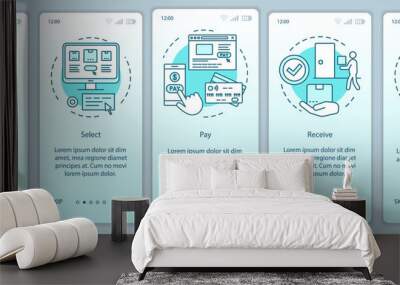 Online shopping onboarding mobile app page screen with linear concepts. Call, select, pay, receive, enjoy. Steps graphic instructions. UX, UI, GUI vector template with illustrations Wall mural