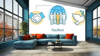 Pacifism concept icon. Nonviolent resistance, militarism opposition idea thin line illustration. White dove with olive branch, handshake and protesters vector isolated outline drawing. Editable stroke Wall mural