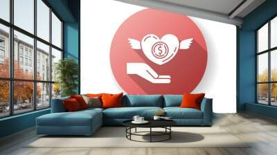 Participation in charity red flat design long shadow glyph icon. Donate to foundation. Humanitarian aid. Financial support. Social service. Free assistance. Silhouette RGB color illustration Wall mural