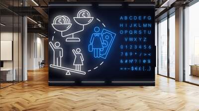 Pay inequality neon light concept icon. Compensation discrimination. Salary inequity. Gender pay gap idea. Outer glowing sign with alphabet, numbers and symbols. Vector isolated RGB color illustration Wall mural