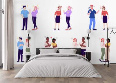 People behavior flat vector illustrations set. Couples quarrel, sympathize, argue, make friends. Men and women relationship isolated cartoon characters with outline elements on white background Wall mural