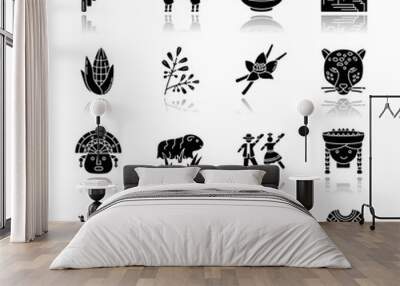 Peru drop shadow black glyph icons set. Peruvian sights, culture, nature, cuisine. Alpaca, guinea pig, siku, poncho, cherimoya, ceviche, jaguar. Isolated vector illustrations on white space Wall mural