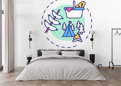 Picnic and camping concept icon. Outdoor family activities. Eating food in city park or forest with kids idea thin line illustration. Vector isolated outline RGB color drawing. Editable stroke Wall mural