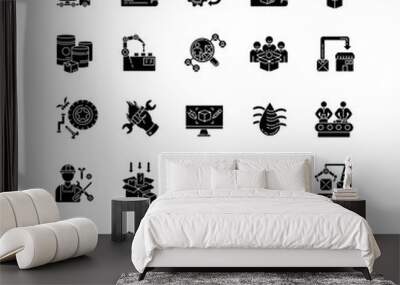 Production process black glyph icons set on white space. Manufacturing industry silhouette symbols. Commercial product development and mass production technologies. Vector isolated illustrations Wall mural