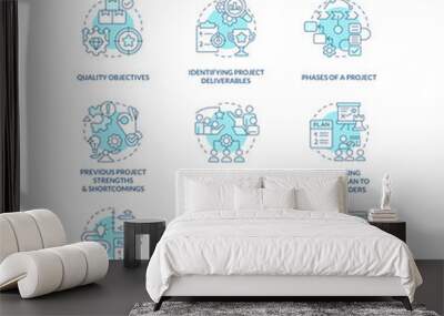 Project planning and scheduling turquoise concept icons set. Business improvement idea thin line color illustrations. Isolated symbols. Editable stroke. Roboto-Medium, Myriad Pro-Bold fonts used Wall mural