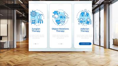 Psychodynamic therapy types blue onboarding mobile app screen. Walkthrough 3 steps editable graphic instructions with linear concepts. UI, UX, GUI template. Montserrat SemiBold, Regular fonts used Wall mural