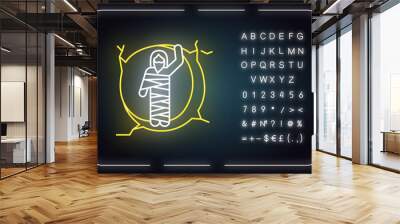 Raising of Lazarus neon light icon. Christ resurrection from tomb. Man in shroud at entrance to cave. Resurrection day. Glowing sign with alphabet, numbers and symbols. Vector isolated illustration Wall mural