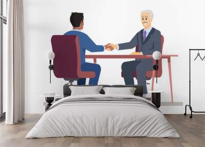 Senior boss hiring employee flat vector illustration. Employer handshaking with new worker, job seeker cartoon characters. Top manager, recruiter and vacancy candidate. Successful job interview Wall mural