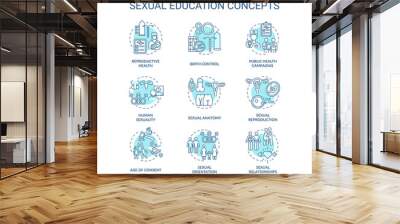 Sexual education concept icons set. Human sexuality and physiology idea thin line RGB color illustrations. Anatomy and reproductive health teaching. Vector isolated outline drawings. Editable stroke Wall mural