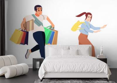 Shopping together semi flat RGB color vector illustration. Excited girl and boy participating in sales event isolated cartoon characters on white background Wall mural