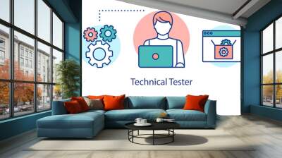 Technical tester concept icon. IT employee idea thin line illustration. Software testing specialist. Indicating issues and problems. Vector isolated outline drawing. Editable stroke Wall mural