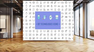 Technologies linear icons big set. Artificial intelligence, robots. NFC, internet banking, online payments services. Thin line contour symbols. Isolated vector outline illustrations. Editable stroke Wall mural