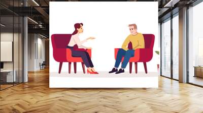 Therapy session semi flat RGB color vector illustration. Interview. Meeting. Couple in armchairs. People having conversation in cozy room. Psychology consultation. Isolated cartoon character on white Wall mural