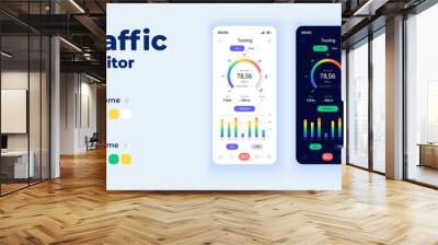 Traffic monitor cartoon smartphone interface vector templates set. Mobile app screen page day and dark mode design. Analyzing network performance UI for application. Phone display with flat character Wall mural