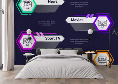 TV programs infographic chart design template. Video streaming platform. Editable infochart with icons. Instructional graphics with step sequence. Visual data presentation. Roboto font used Wall mural