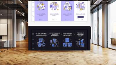 User behaviour analysis onboarding vector template. Responsive mobile website with icons. Web page walkthrough 4 step screens. Digital marketing dark, light mode concept with linear illustrations Wall mural