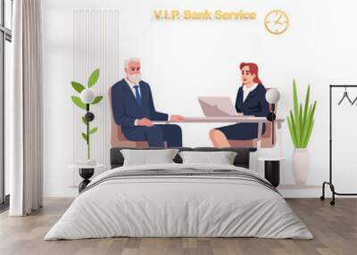 VIP bank service semi flat RGB color vector illustration. Private advisor at reception. Financial consultant with male elderly customer isolated cartoon character on white background Wall mural