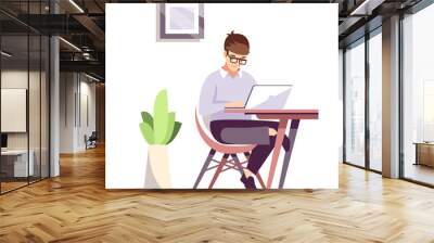 Working in comfortable office space semi flat RGB color vector illustration. Young man sitting with laptop isolated cartoon character on white background Wall mural