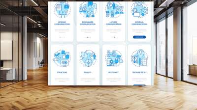 Workplace communication blue onboarding mobile app screen set. Walkthrough 4 steps graphic instructions pages with linear concepts. UI, UX, GUI template. Myriad Pro-Bold, Regular fonts used Wall mural