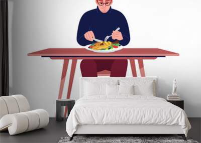 Young man enjoying seafood semi flat RGB color vector illustration. Dinner at gourmet restaurant. Redhead caucasian guy eating fish with fork and knife isolated cartoon character on white background Wall mural